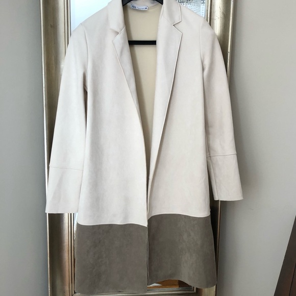 Zara Two-Tone Long Blazer Coat in Cream and Taupe faux suede - Picture 3 of 12